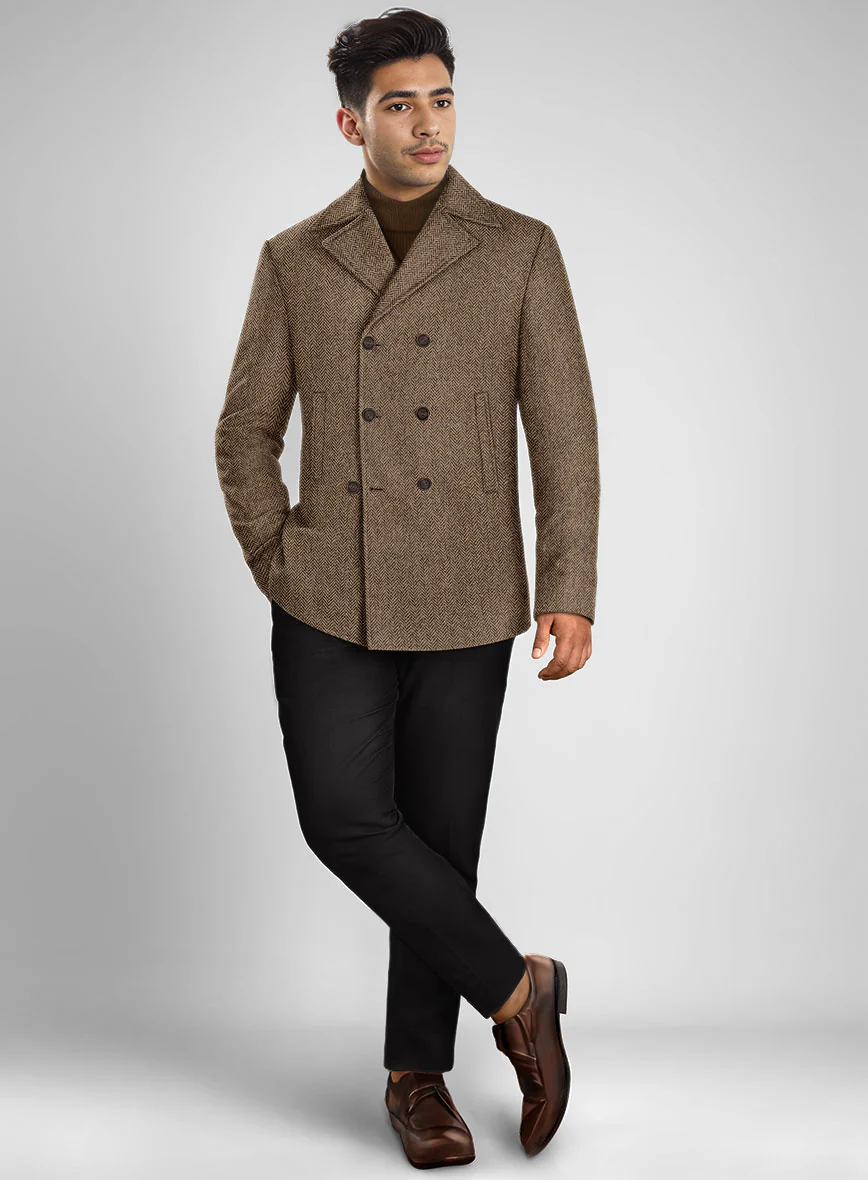 Irish Brown Herringbone Tweed Pea Coat - Image 4