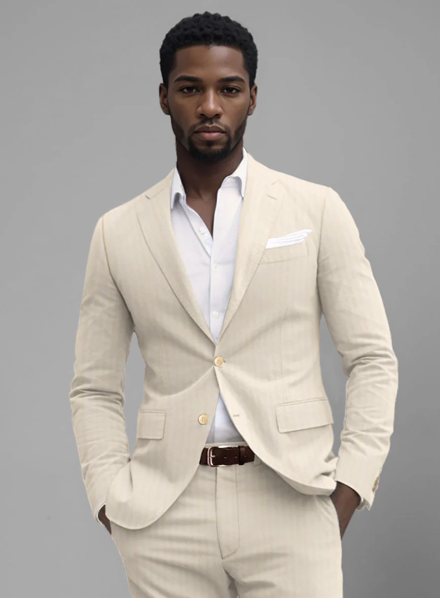 Italian Beige Herringbone Cotton Suit - Image 3