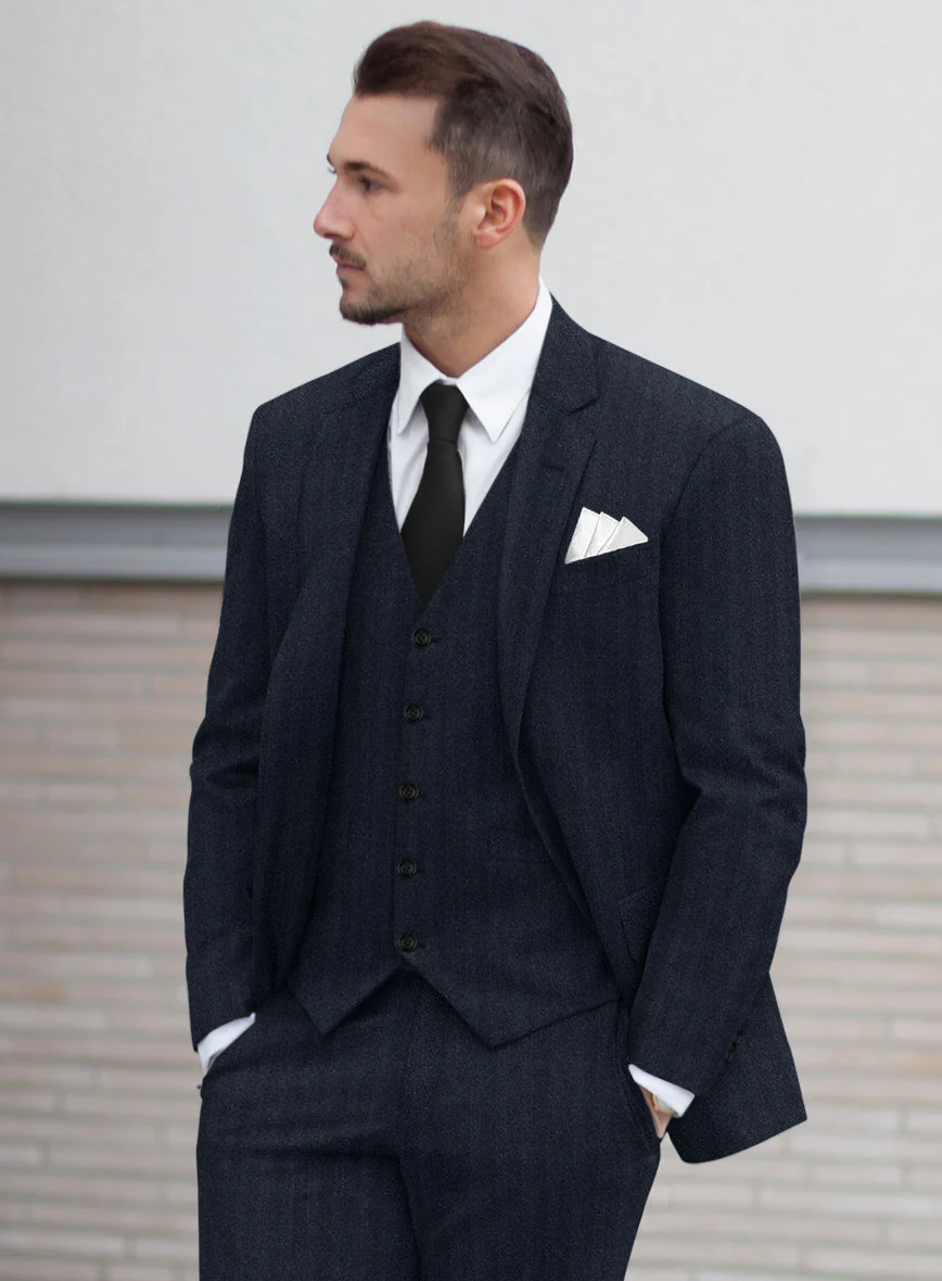 Italian Dark Blue Herringbone Flannel Suit - Image 4