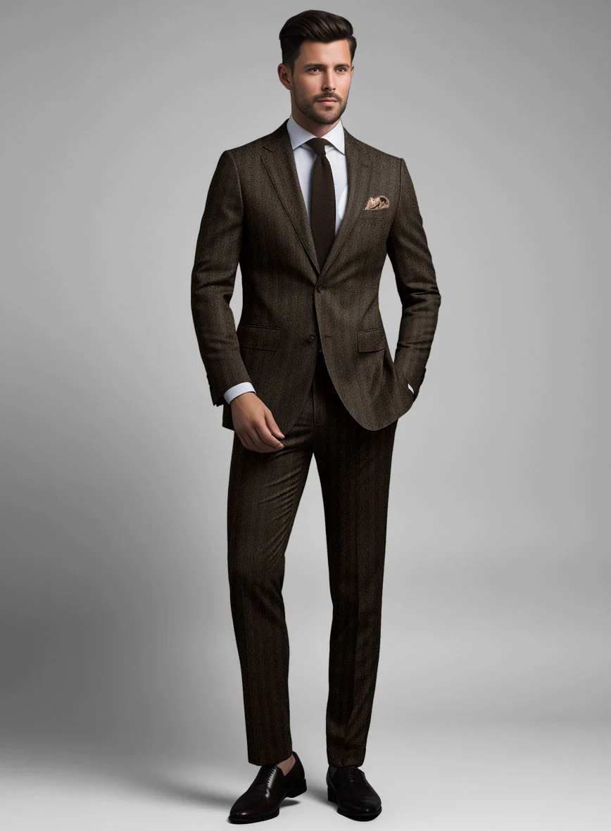 Italian Dark Brown Herringbone Flannel Suit