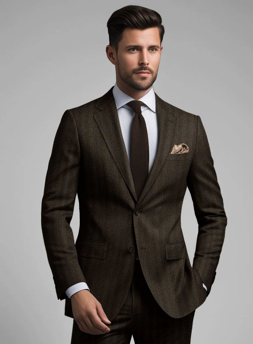 Italian Dark Brown Herringbone Flannel Suit - Image 3