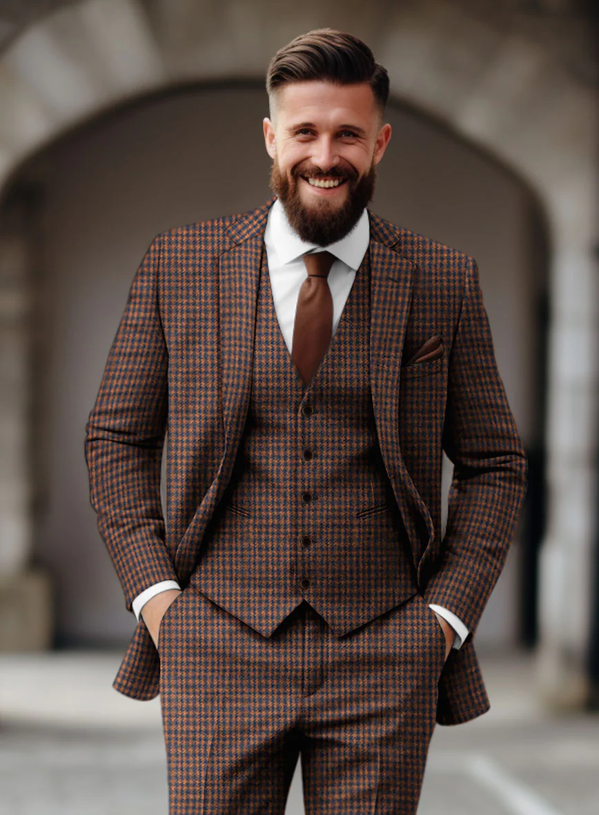 Italian Dark Brown Houndstooth Tweed Suit - Image 4