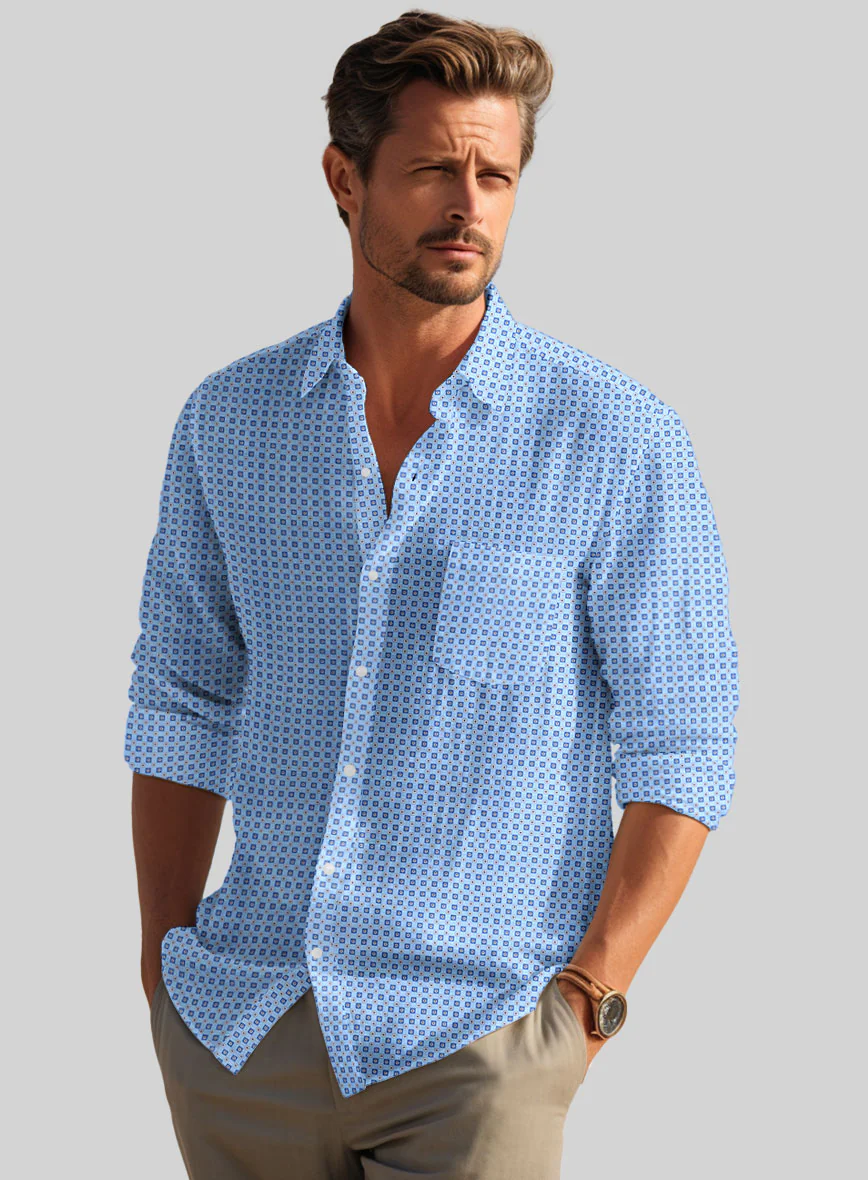 Italian Foulard Blue Summer Linen Shirt - Image 3
