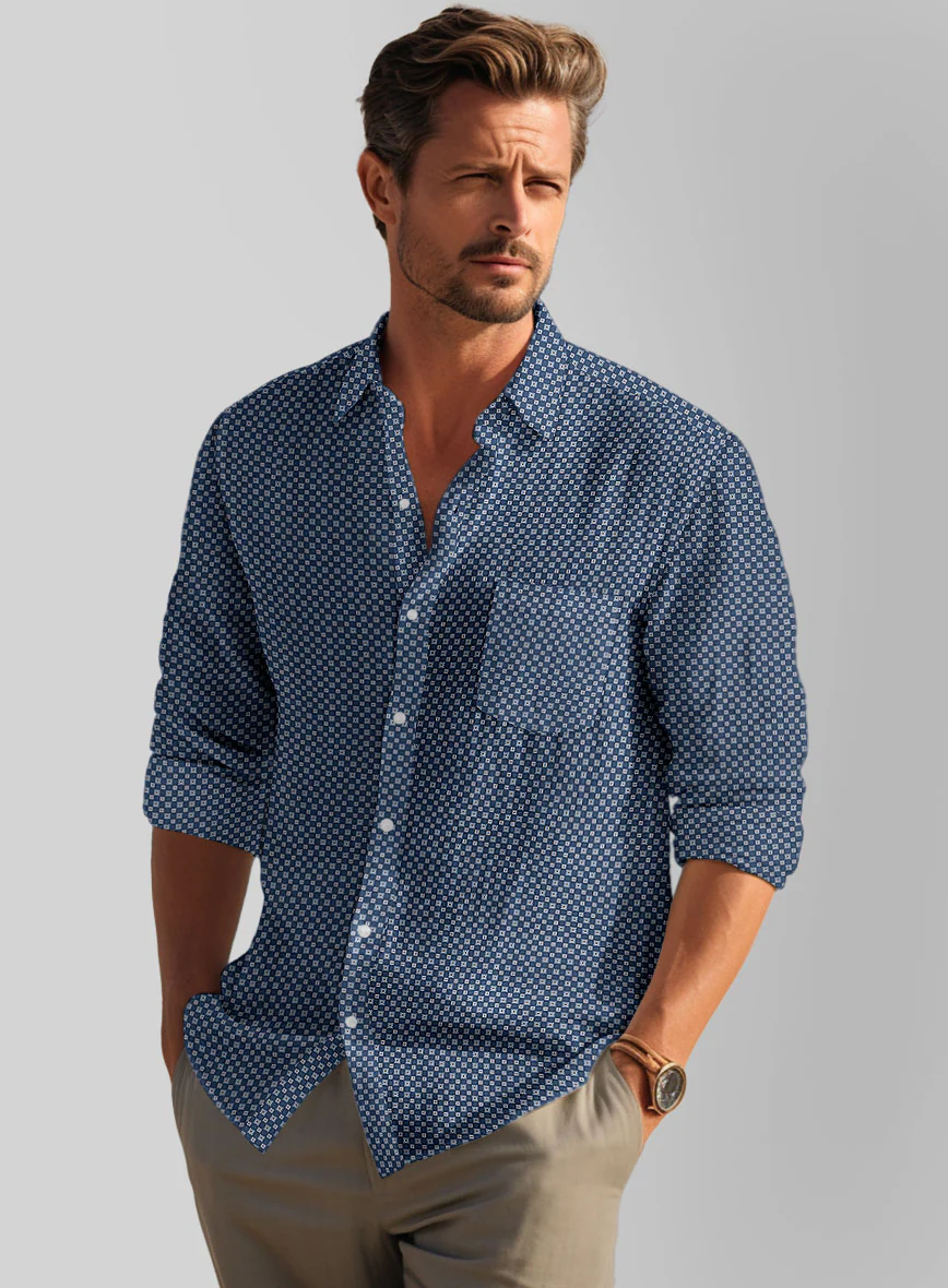 Italian Foulard Dark Blue Summer Linen Shirt - Image 2