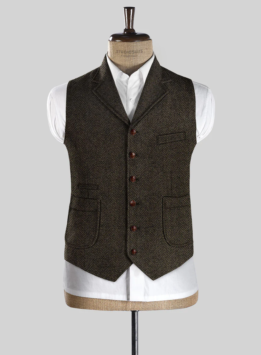 Italian Highlander Army Green Herringbone Tweed Hunting Vest - Image 2