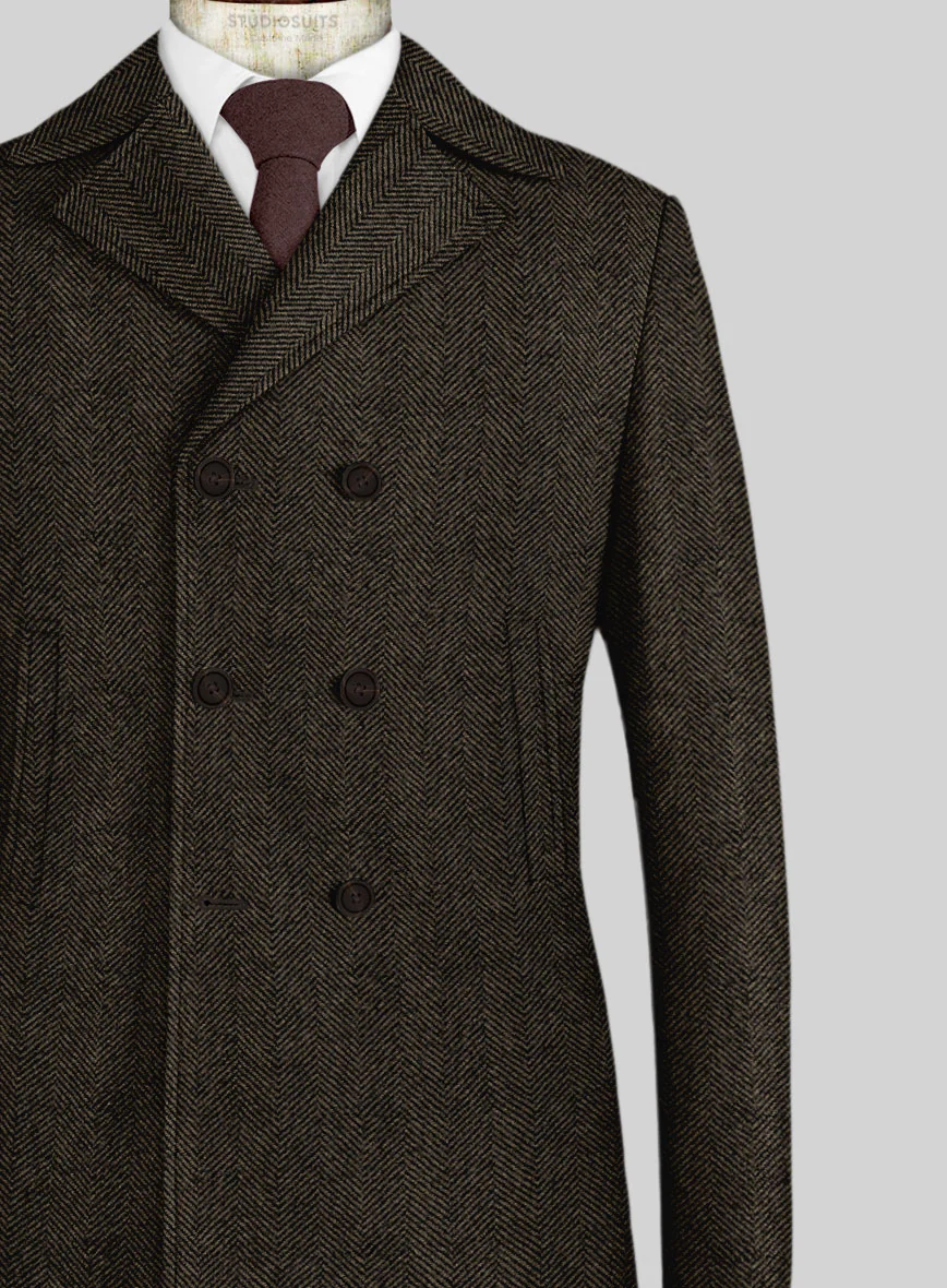 Italian Highlander Army Green Herringbone Tweed Pea Coat - Image 2