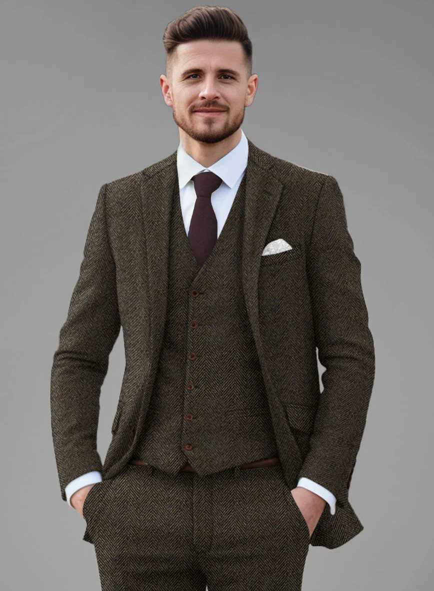 Italian Highlander Army Green Herringbone Tweed Suit - Image 3