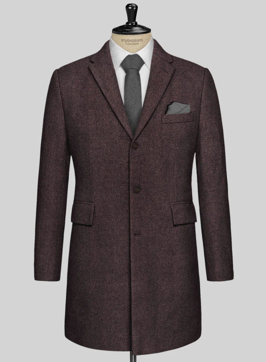 Italian Highlander Dark Wine Herringbone Tweed Overcoat