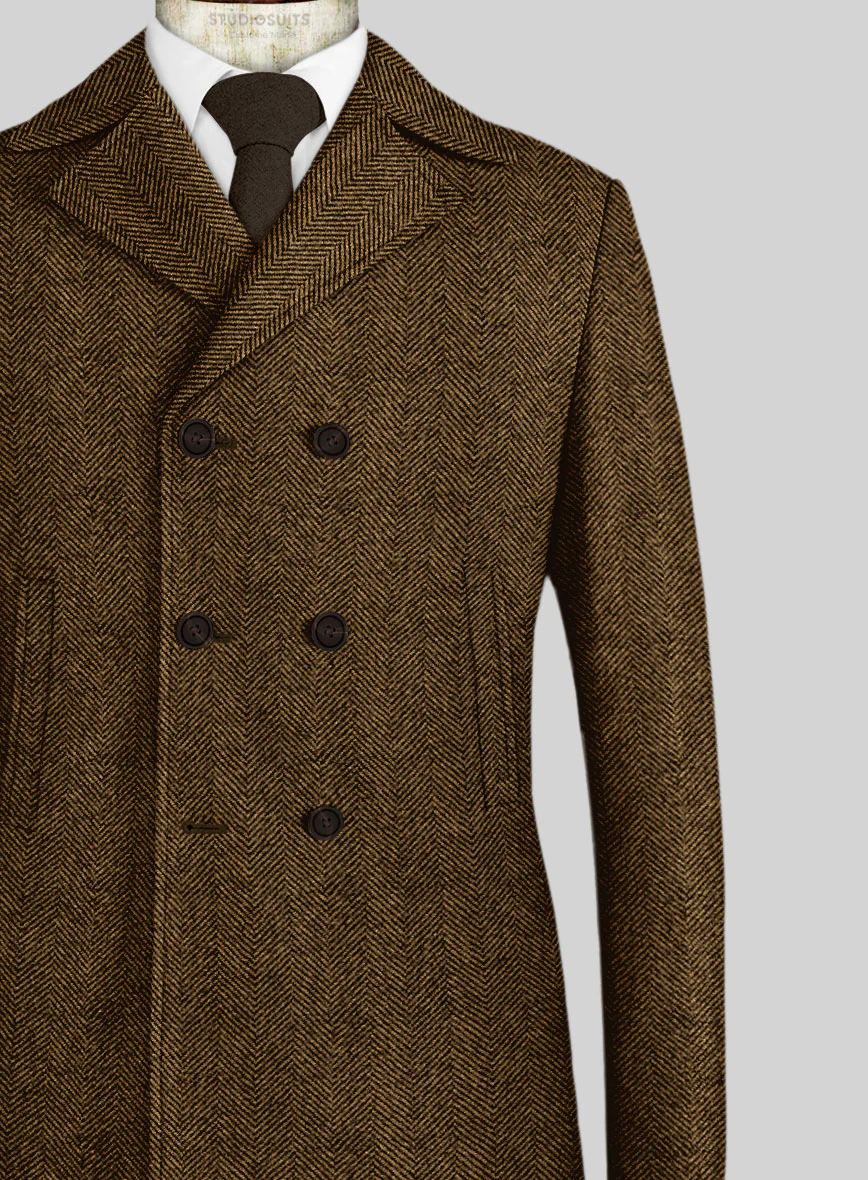Italian Highlander Mustard Herringbone Tweed Pea Coat - Image 2