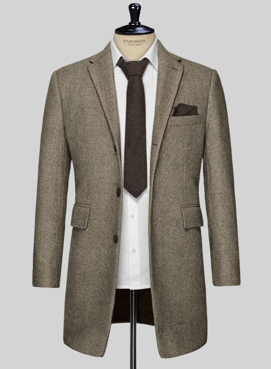 Italian Highlander Stone Beige Herringbone Tweed Overcoat - Image 3