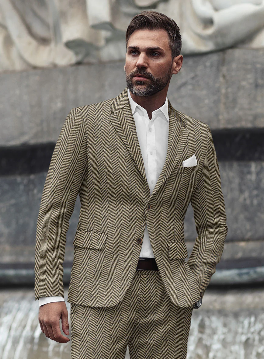 Italian Highlander Stone Beige Herringbone Tweed Suit - Image 3