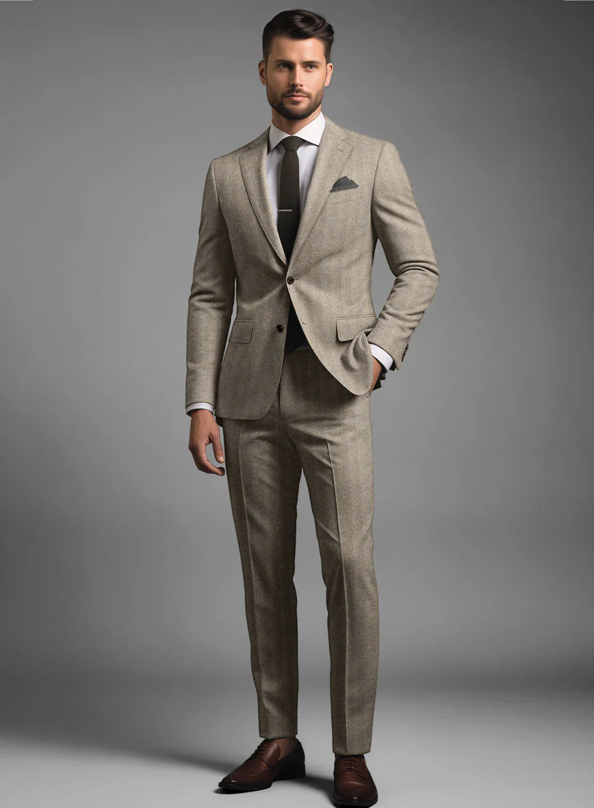 Italian Light Brown Herringbone Flannel Suit - Image 2
