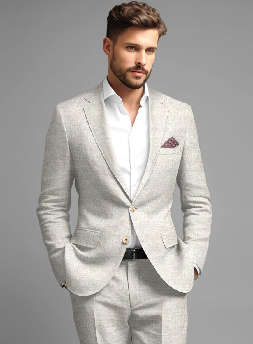 Italian Linen Herringbone Natural Beige Suit - Image 5