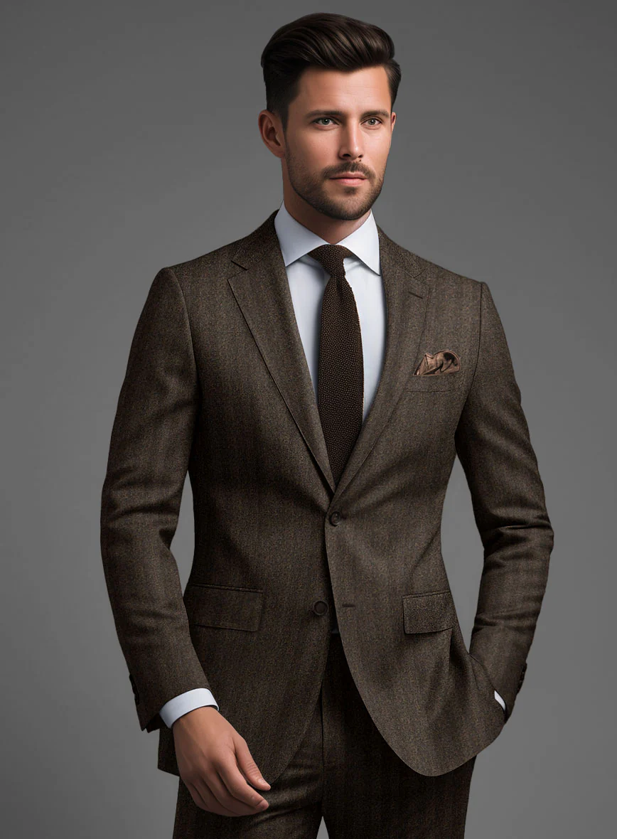 Italian Melange Brown Herringbone Flannel Suit - Image 4