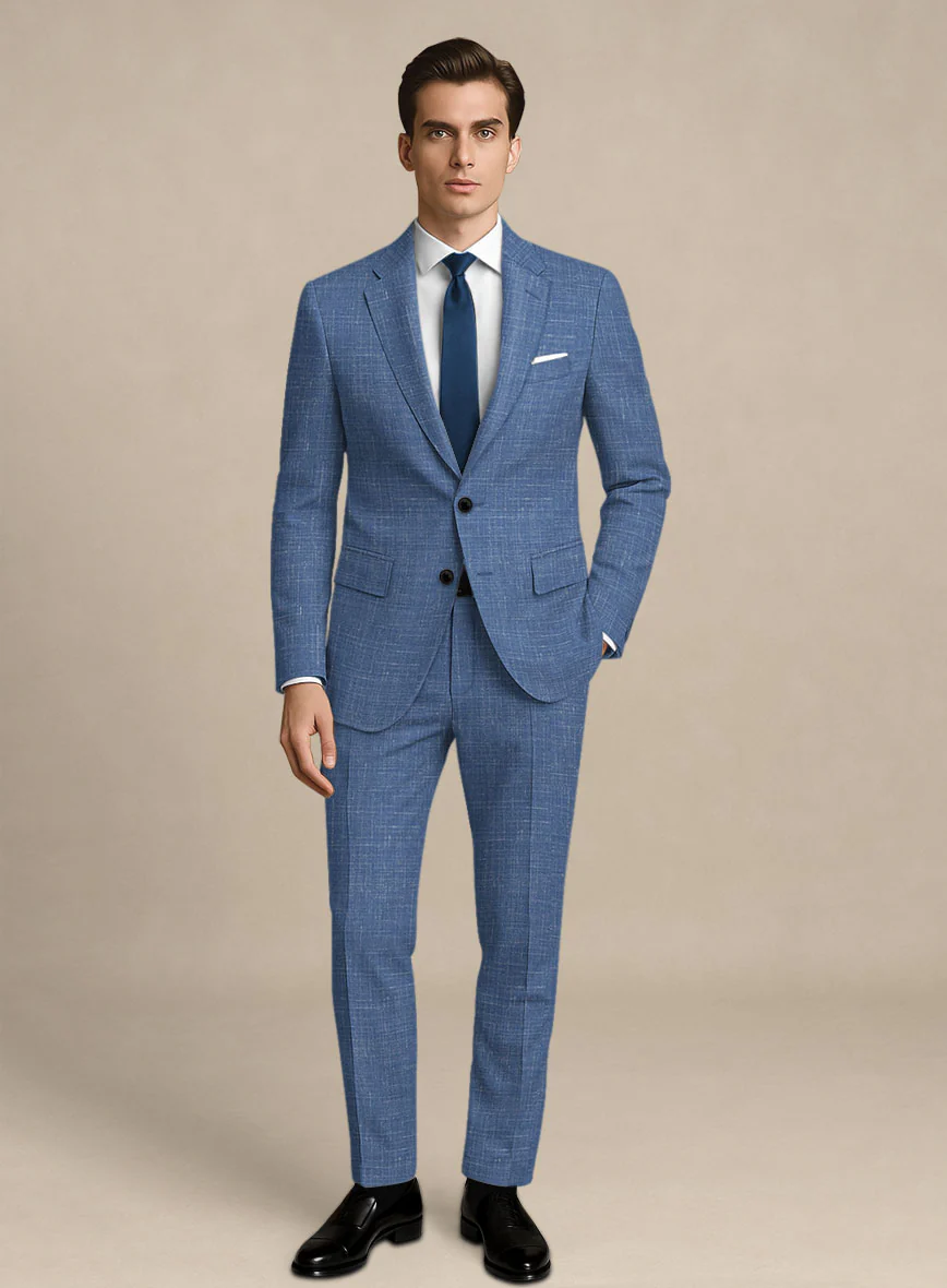 Italian Murano Cadel Blue Wool Linen Suit