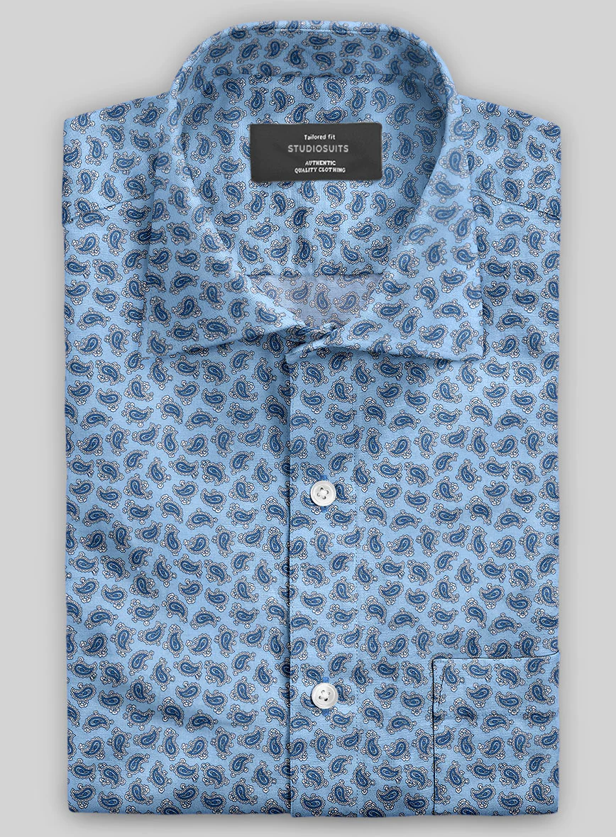 Italian Paisley Sky Blue Summer Linen Shirt