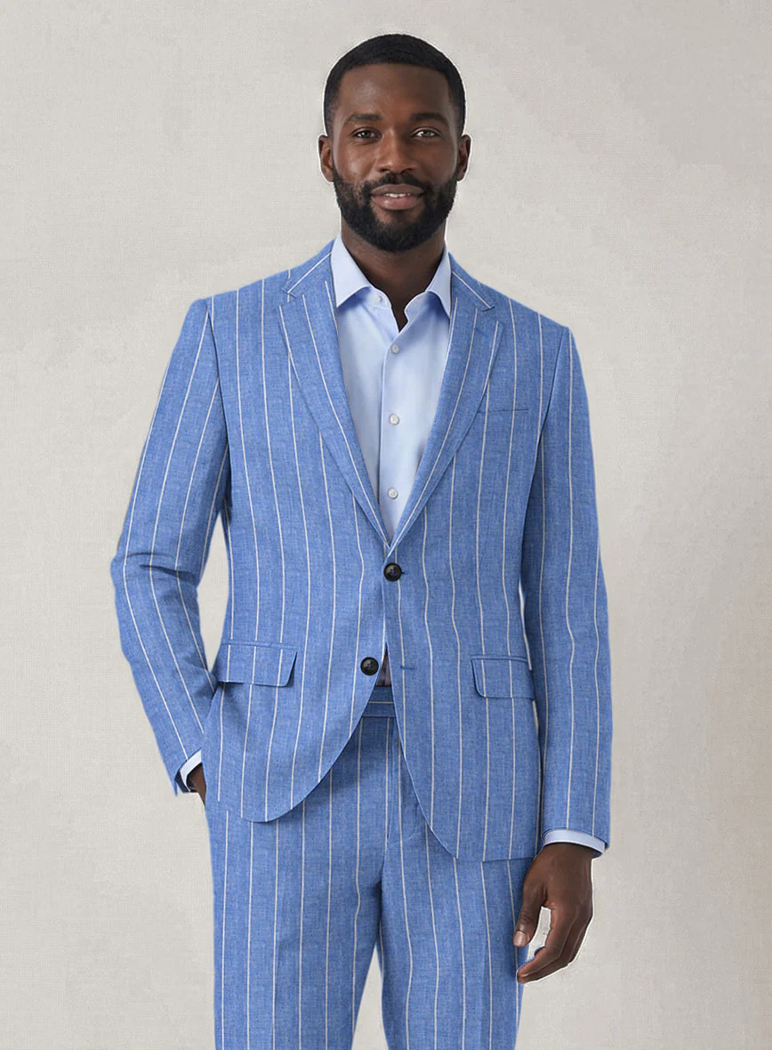 Italian Prato Blue Wide Stripe Linen Jacket - Image 2