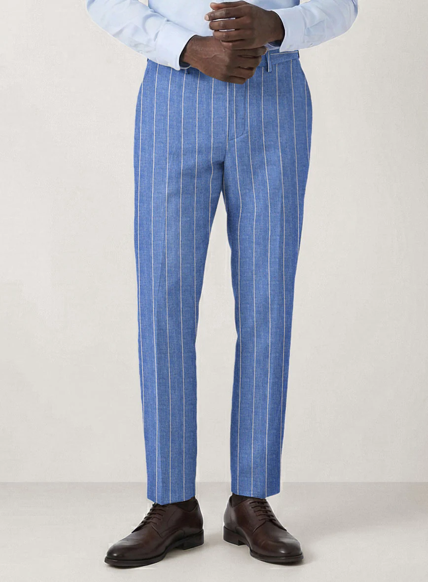 Italian Prato Blue Wide Stripe Linen Pants