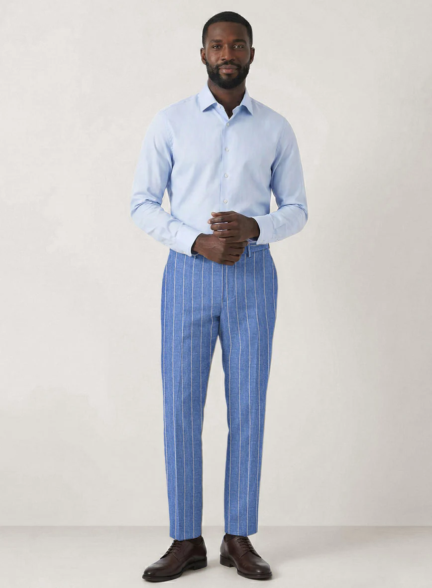 Italian Prato Blue Wide Stripe Linen Pants - Image 3