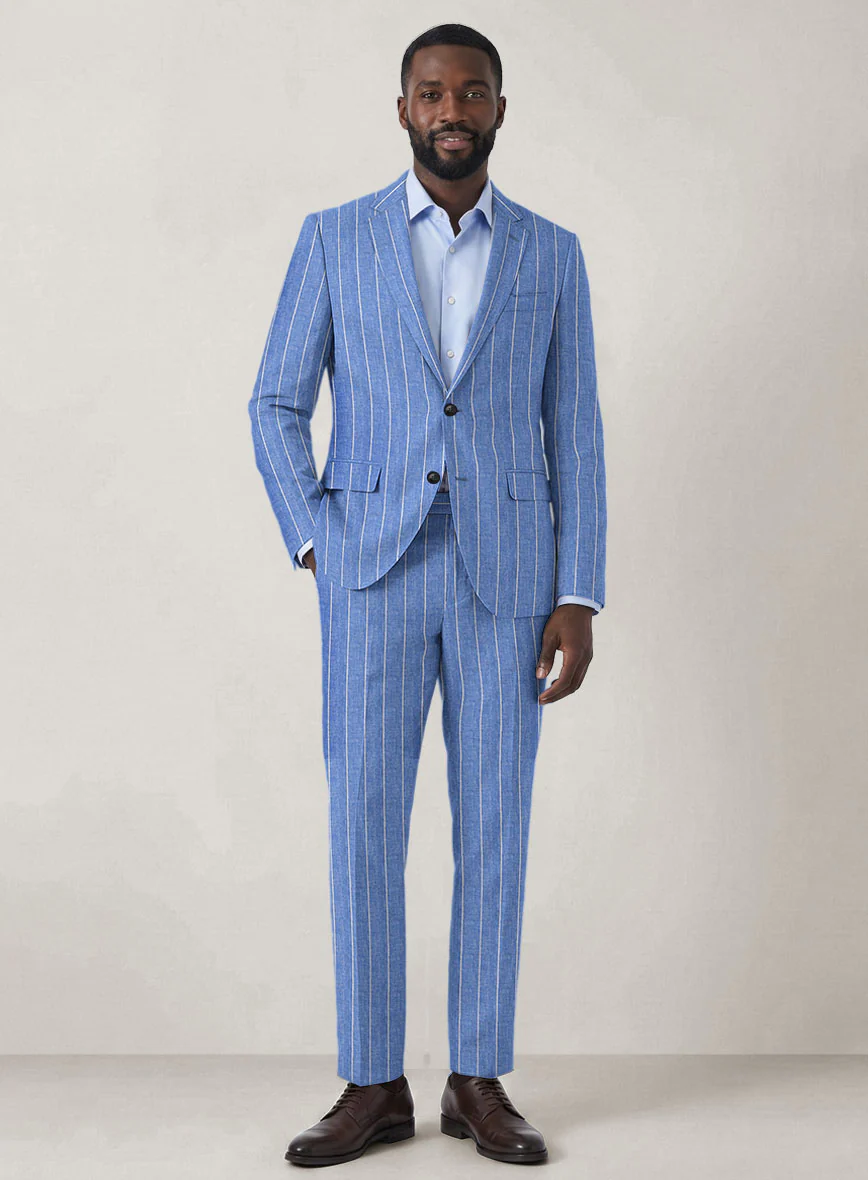 Italian Prato Blue Wide Stripe Linen Suit