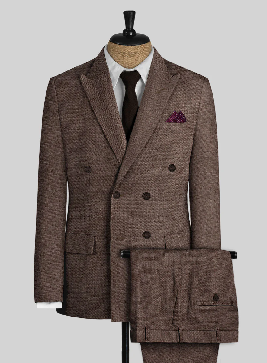 Italian Prato Brown Dobby Linen Double Breasted Suit