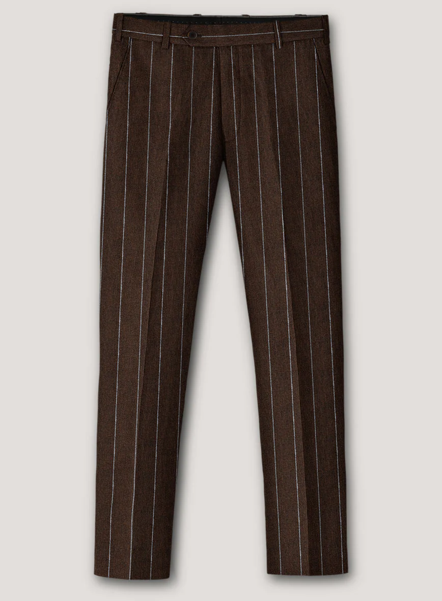 Italian Prato Brown Wide Stripe Linen Pants - Image 2