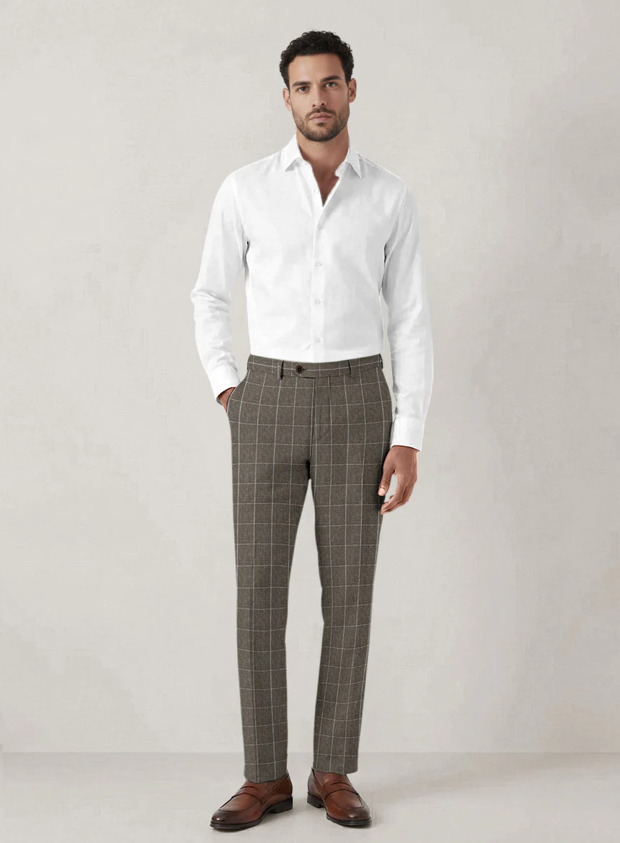 Italian Prato Brown Windowpane Linen Pants - Image 3