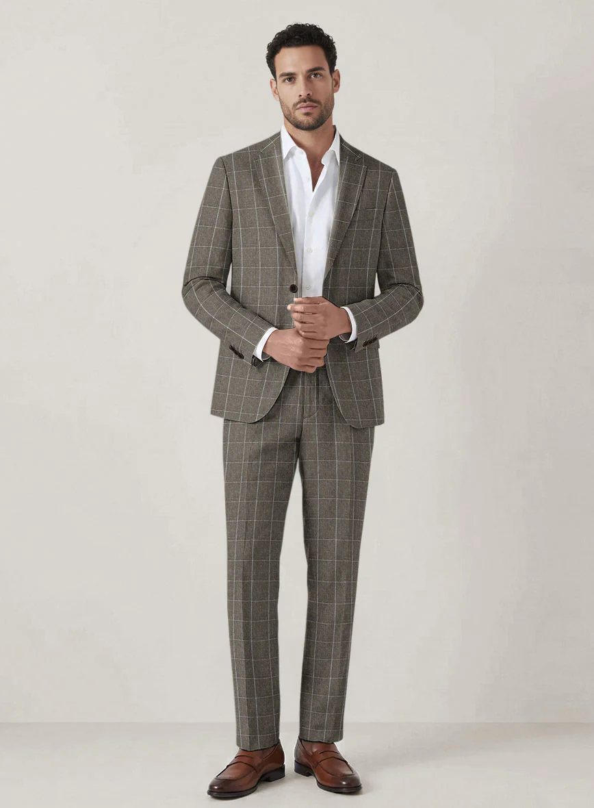 Italian Prato Brown Windowpane Linen Suit