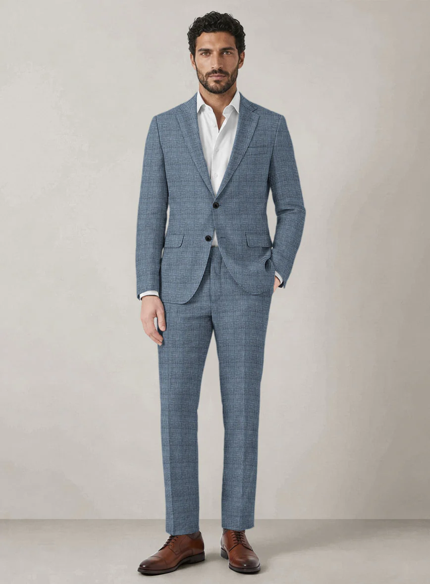 Italian Prato Cobalt Blue Check Linen Suit