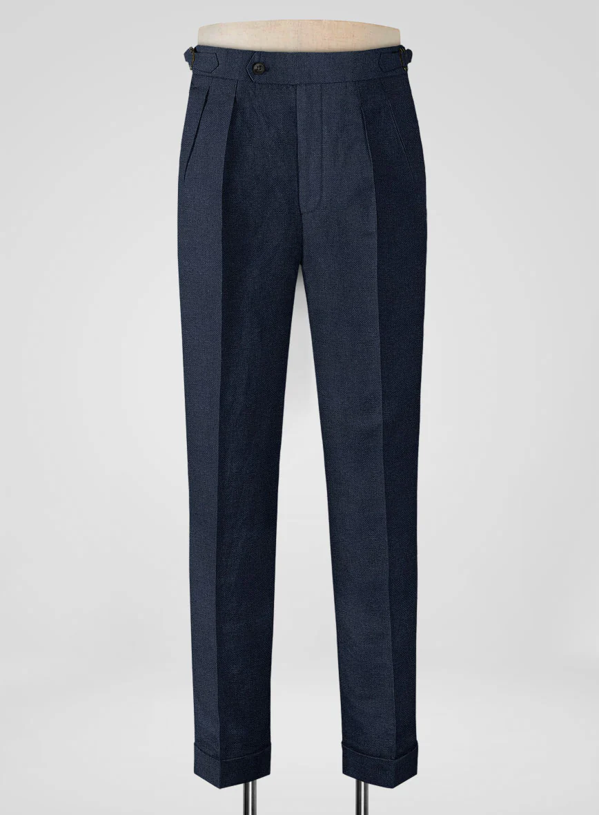 Italian Prato Dark Blue Dobby Linen Highland Trousers