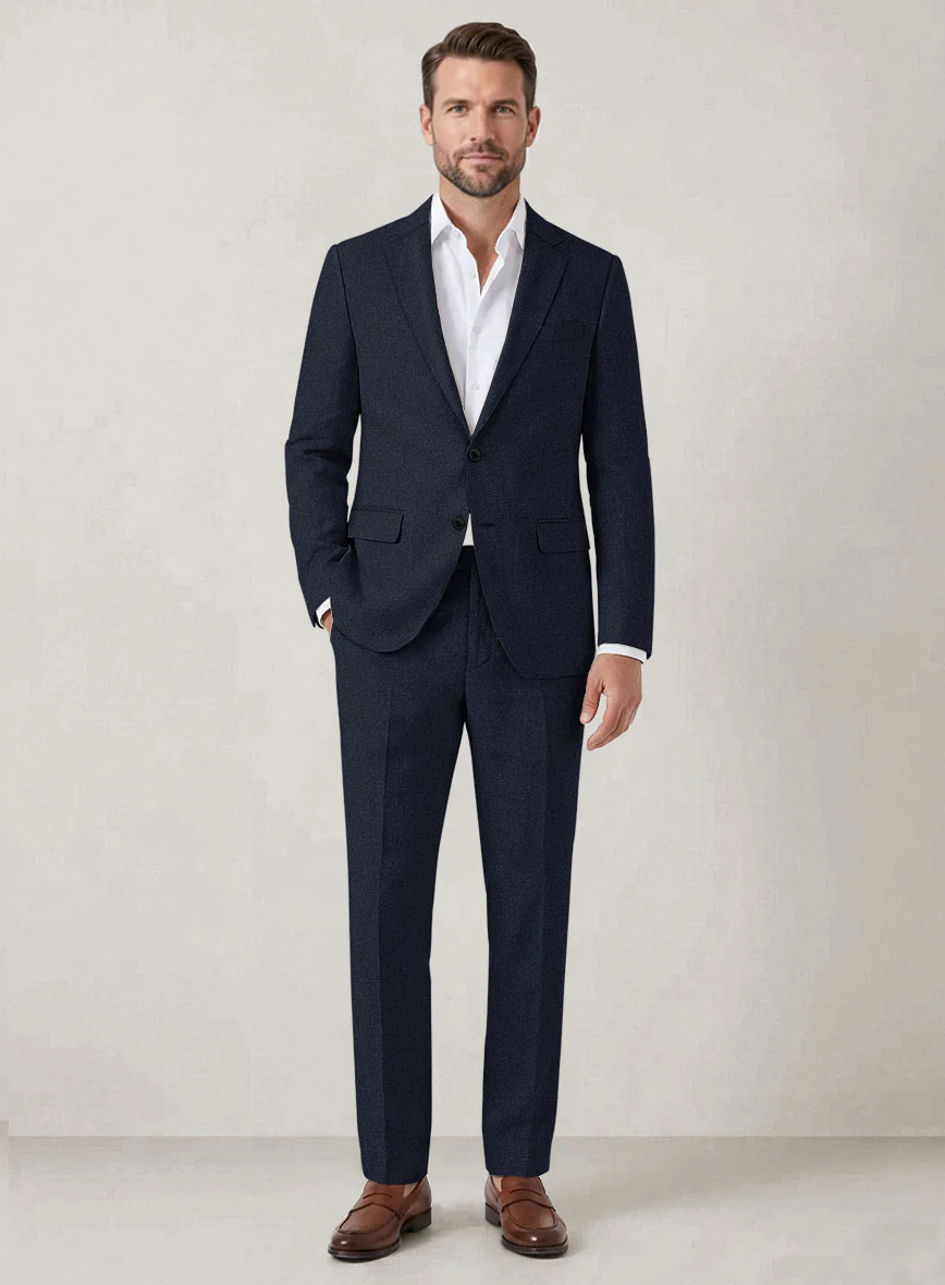 Italian Prato Dark Blue Dobby Linen Suit