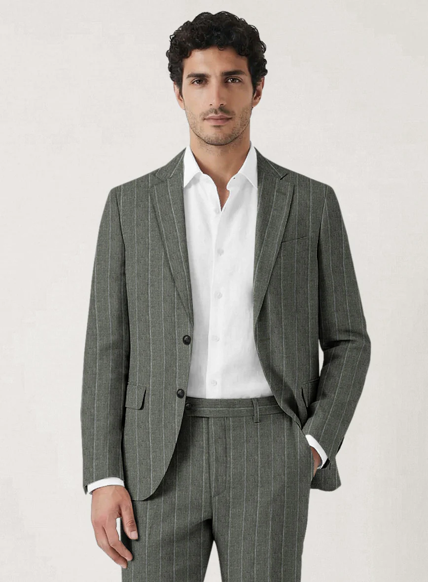 Italian Prato Deep Moss Wide Stripe Linen Jacket - Image 2