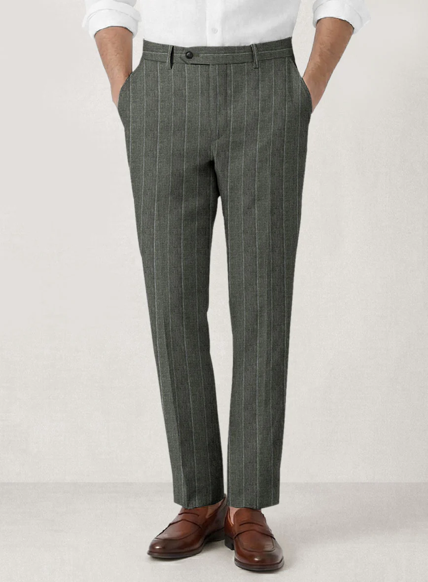 Italian Prato Deep Moss Wide Stripe Linen Pants