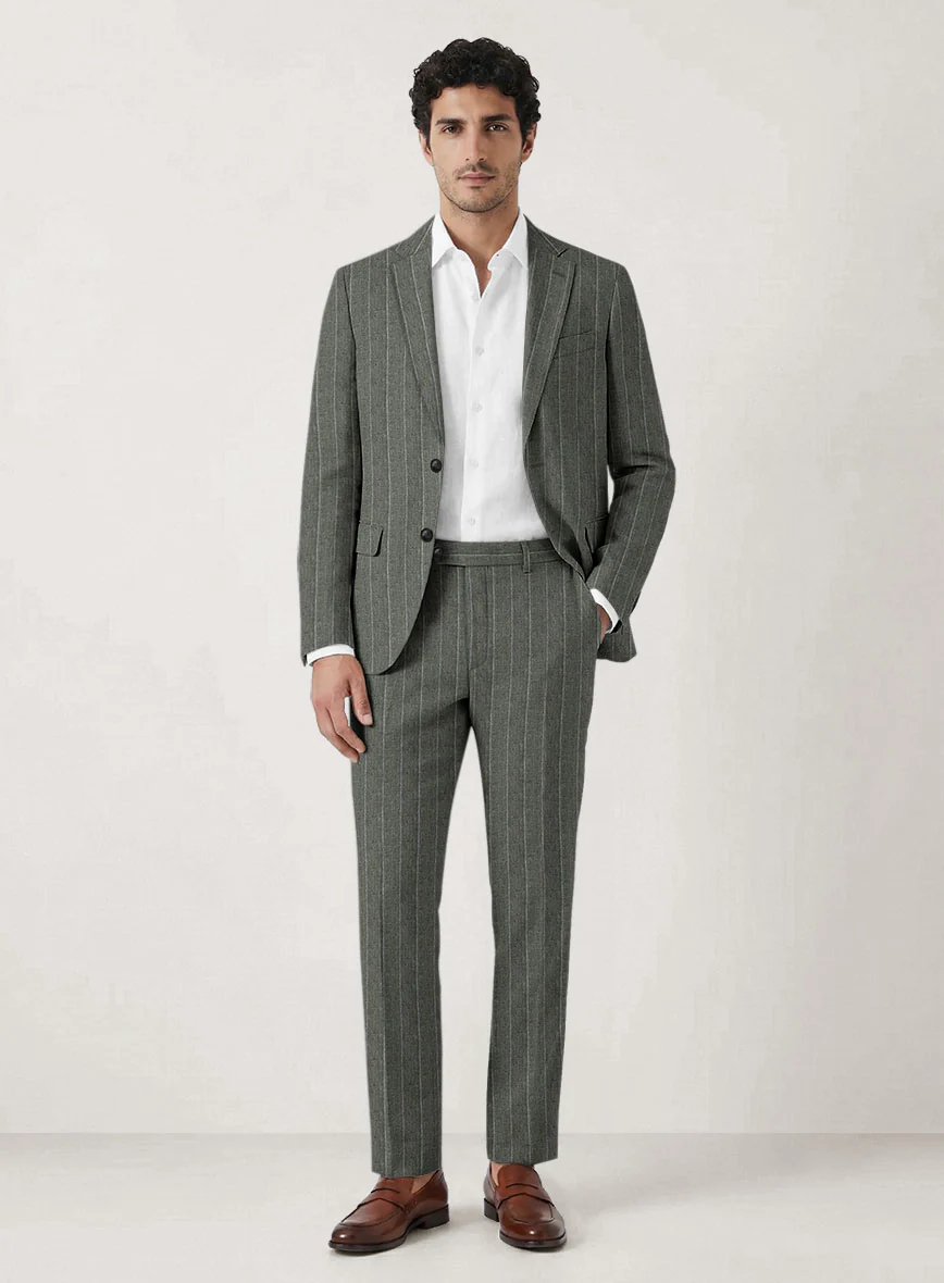 Italian Prato Deep Moss Wide Stripe Linen Suit