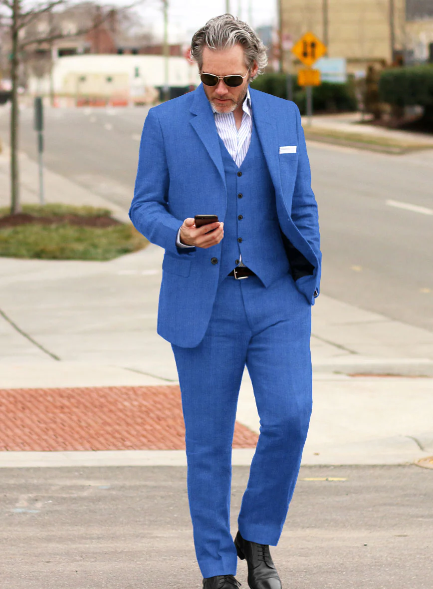 Italian Prato Electric Blue Herringbone Linen Suit - Image 2