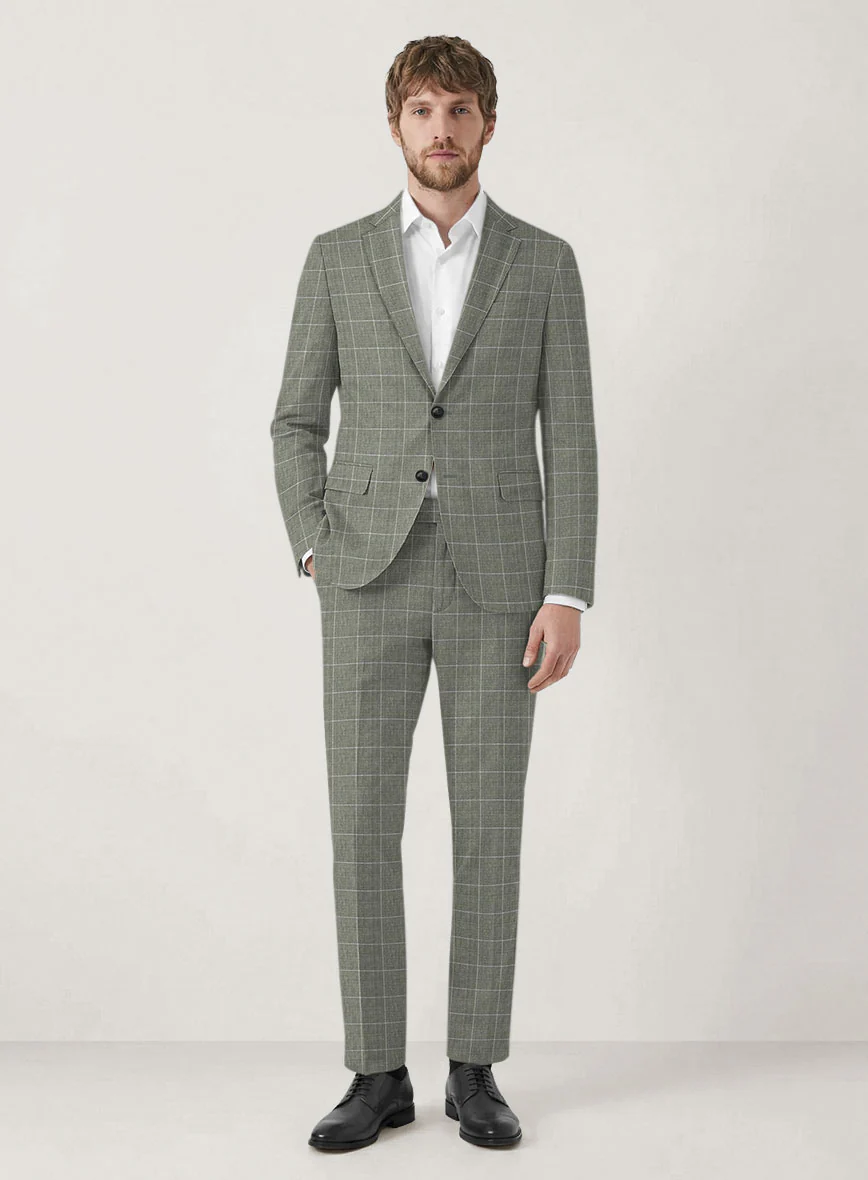 Italian Prato Green Windowpane Linen Suit