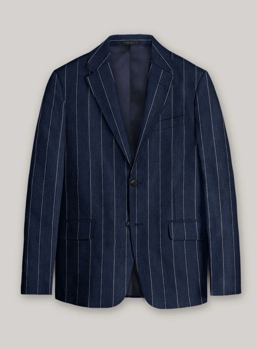 Italian Prato Midnight Blue Wide Stripe Linen Jacket