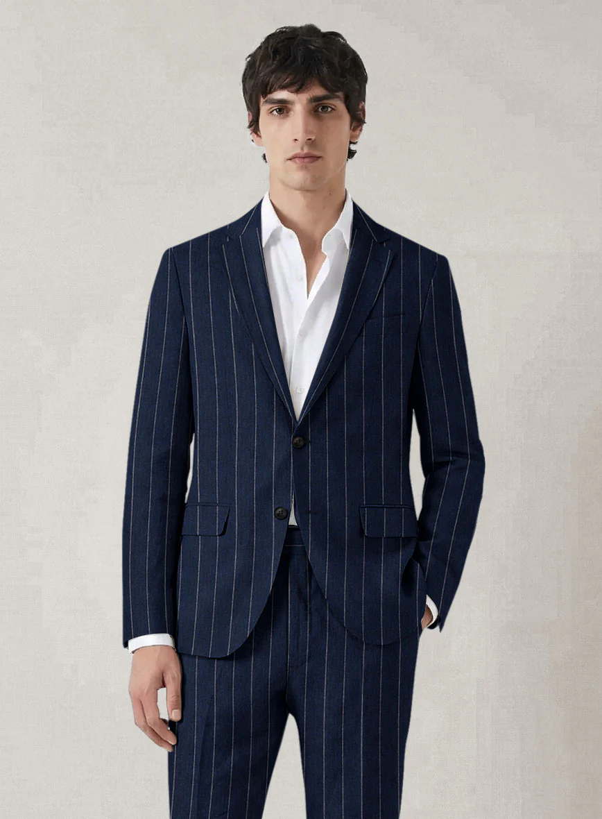 Italian Prato Midnight Blue Wide Stripe Linen Jacket - Image 2
