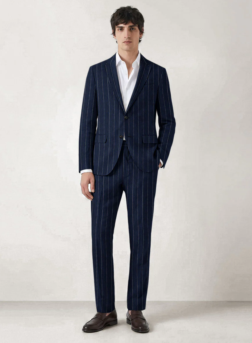 Italian Prato Midnight Blue Wide Stripe Linen Suit