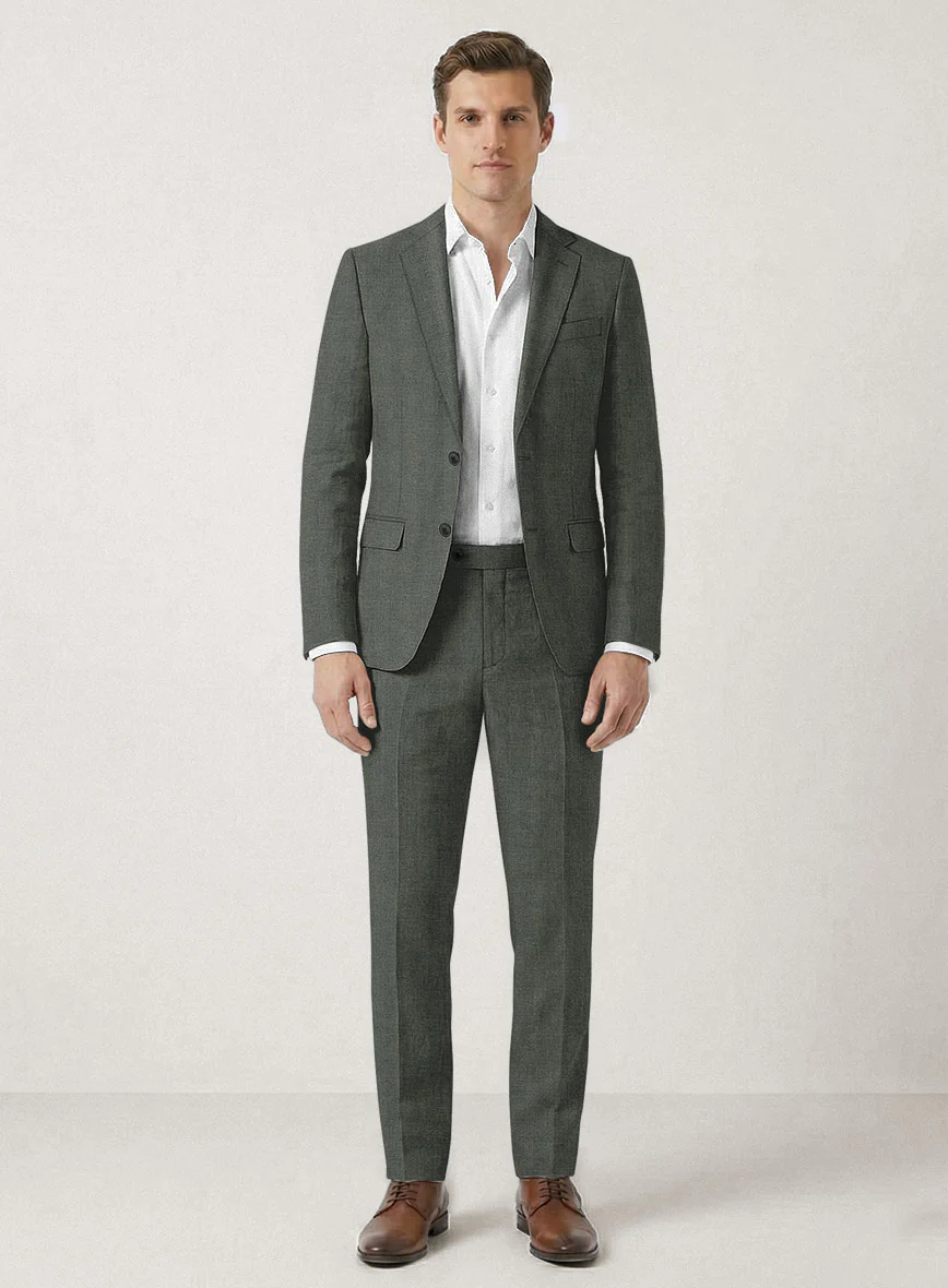 Italian Prato Olive Green Herringbone Linen Suit