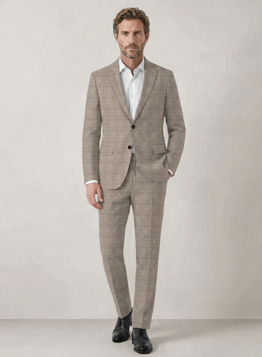 Italian Prato Umber Brown Check Linen Suit