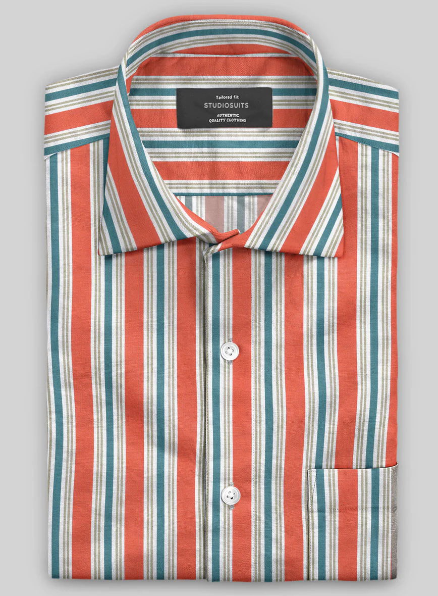 Italian Striped Neon Peach Summer Linen Shirt - Image 2