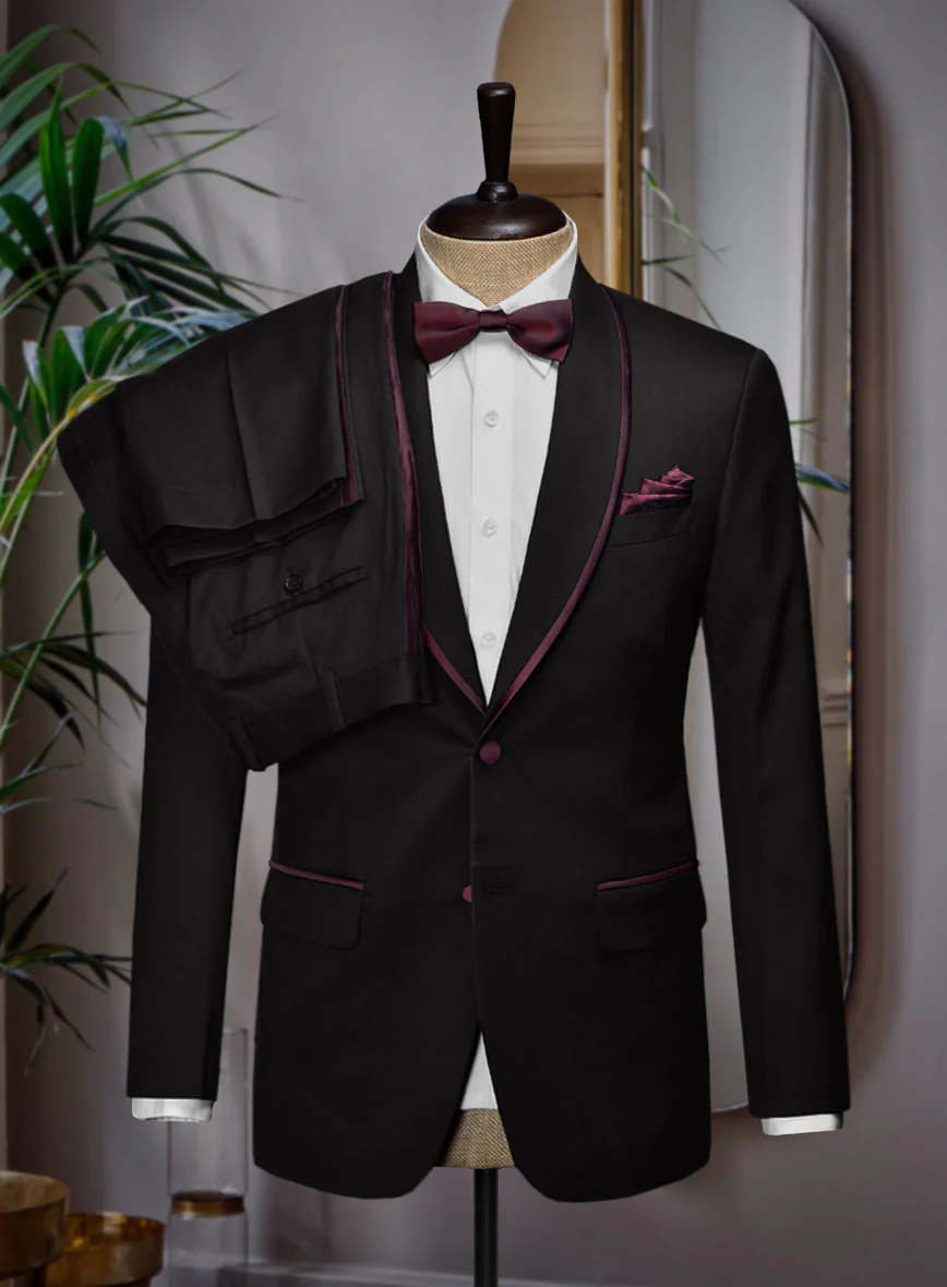 Italian Style Black Wool Tuxedo Suit - Wine Satin Trim II