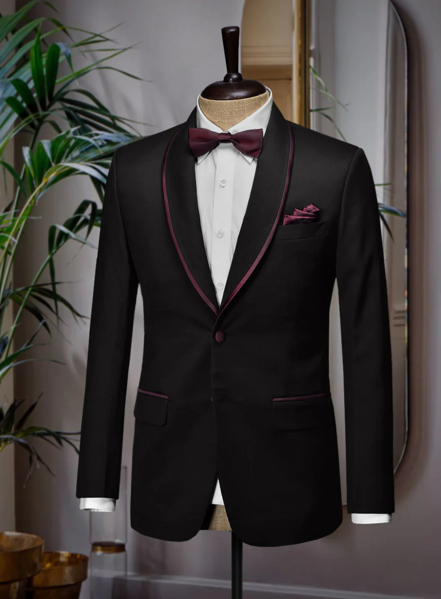 Italian Style Black Wool Tuxedo Suit - Wine Satin Trim II - Image 2