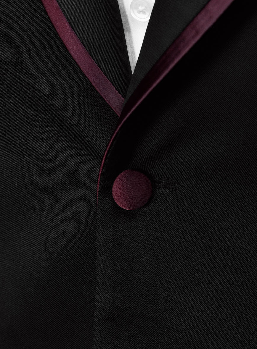 Italian Style Black Wool Tuxedo Suit - Wine Satin Trim II - Image 5