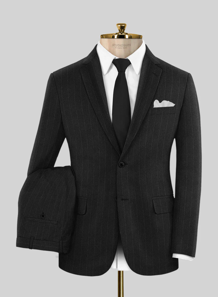 Italian Uben Black Chalkstripe Flannel Suit