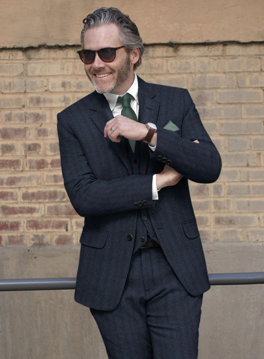Italian Wide Herringbone Blue Tweed Suit - Image 4