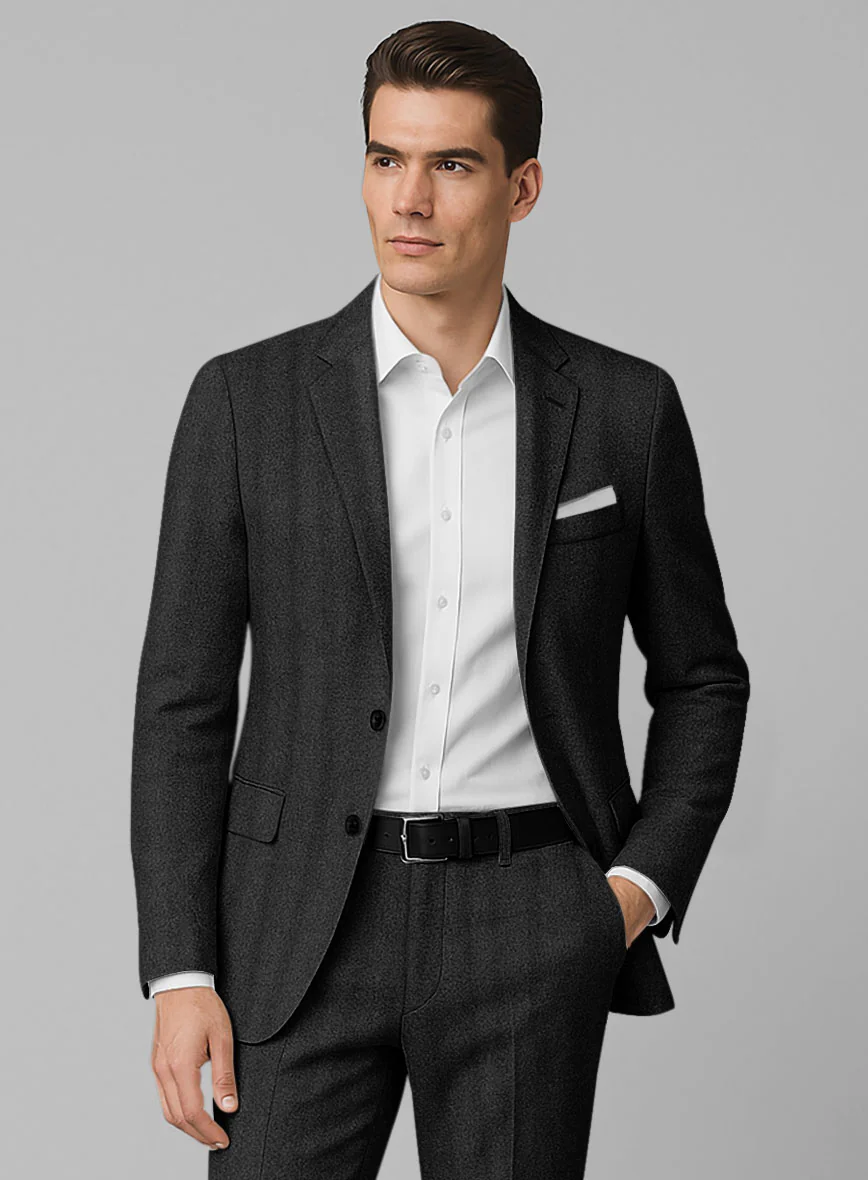 Italian Wide Herringbone Charcoal Tweed Jacket - Image 2