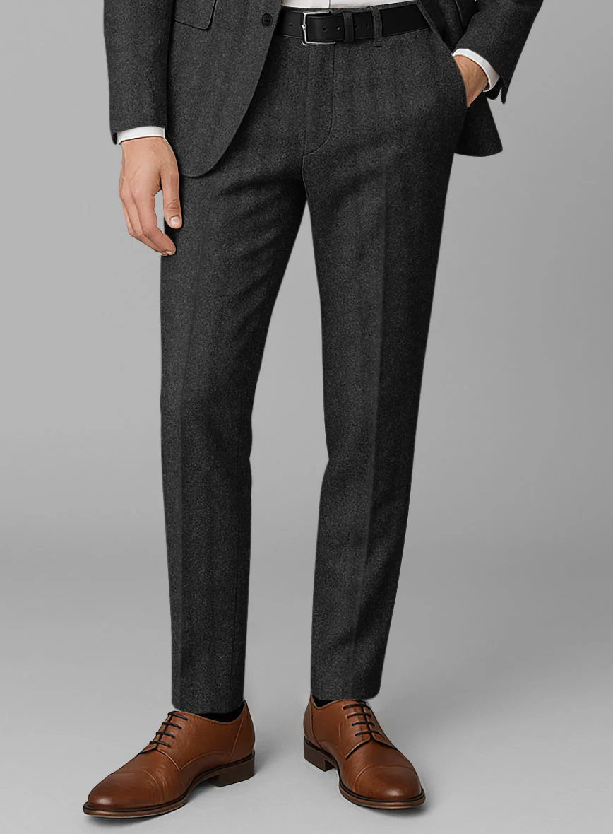 Italian Wide Herringbone Charcoal Tweed Pants - Image 2