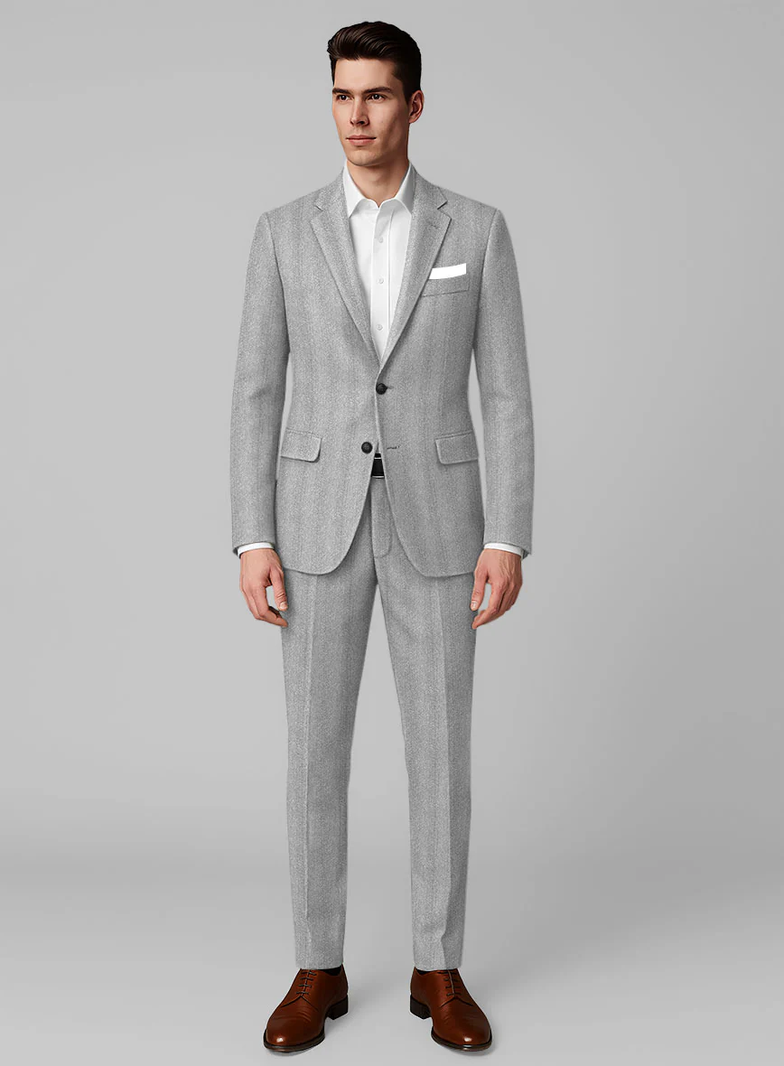 Italian Wide Herringbone Ice Gray Tweed Suit
